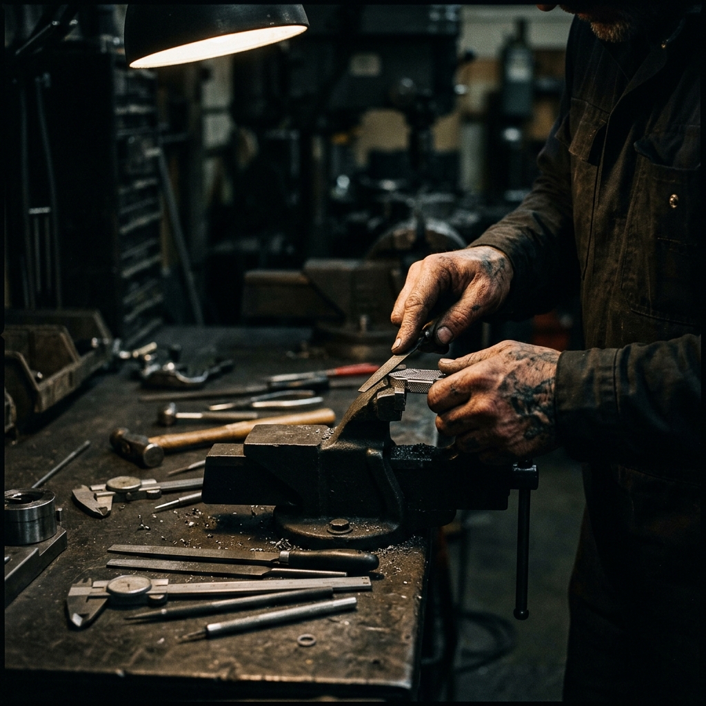 Craftsman hands at a dark metal workbench — representing the bespoke build process